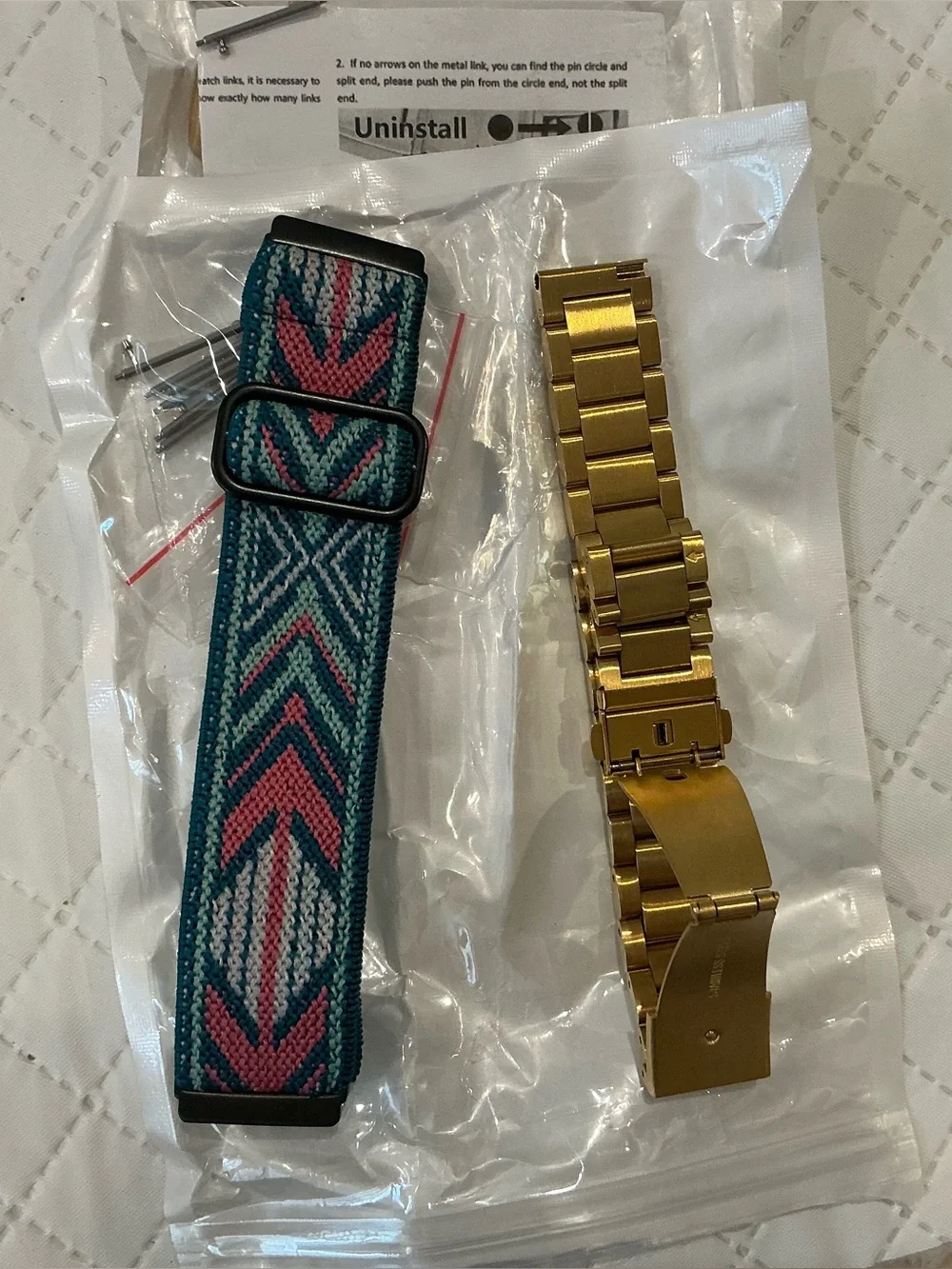 New Versa 2 Interchangeable Watch Bands - Teal Pink Pattern & Gold Metal.